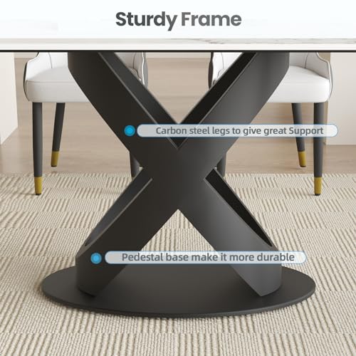 Modern Rectangle Marble Dining Table,63" Antique White Marble Sintered Stone Table Top,Rectangle Dining Room Table with Unique X-Shape Carbon Steel Pedestal Table for Kitchen/Living Room(Table Only)