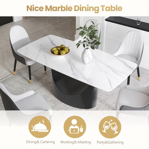 Modern Rectangle Marble Dining Table,71" White Marble Sintered Stone Top Dining Table,Rectangle Dining Room Table with Unique U-Shape Black Carbon Steel Pedestal for Kitchen/Living Room(Table Only)