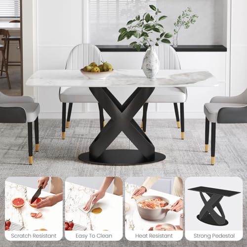 Modern Rectangle Marble Dining Table,63" Antique White Marble Sintered Stone Table Top,Rectangle Dining Room Table with Unique X-Shape Carbon Steel Pedestal Table for Kitchen/Living Room(Table Only)