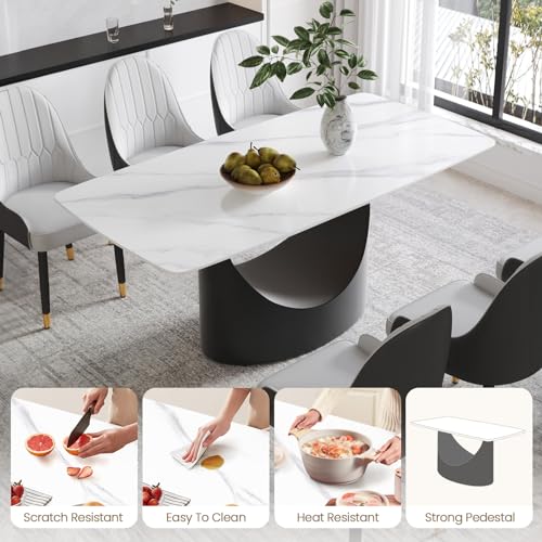 Modern Rectangle Marble Dining Table,71" White Marble Sintered Stone Top Dining Table,Rectangle Dining Room Table with Unique U-Shape Black Carbon Steel Pedestal for Kitchen/Living Room(Table Only)
