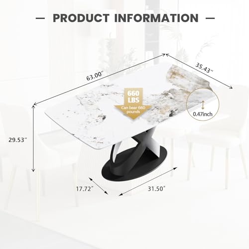 Modern Rectangle Marble Dining Table,63" Antique White Marble Sintered Stone Table Top,Rectangle Dining Room Table with Unique X-Shape Carbon Steel Pedestal Table for Kitchen/Living Room(Table Only)