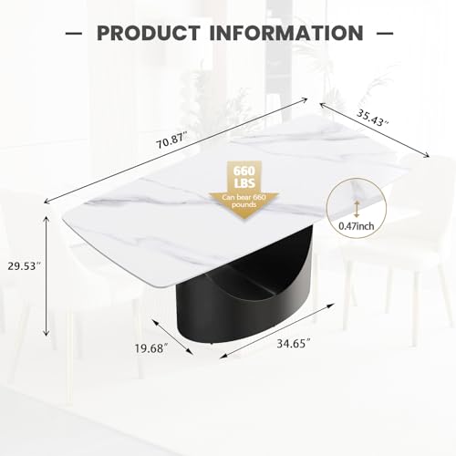 Modern Rectangle Marble Dining Table,71" White Marble Sintered Stone Top Dining Table,Rectangle Dining Room Table with Unique U-Shape Black Carbon Steel Pedestal for Kitchen/Living Room(Table Only)