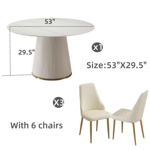 Wohh Round Marble Dining Table, Dining Table Faux Marble, Stone Top Dining Table Set for 6-8 (53 Table and 6 Chairs)