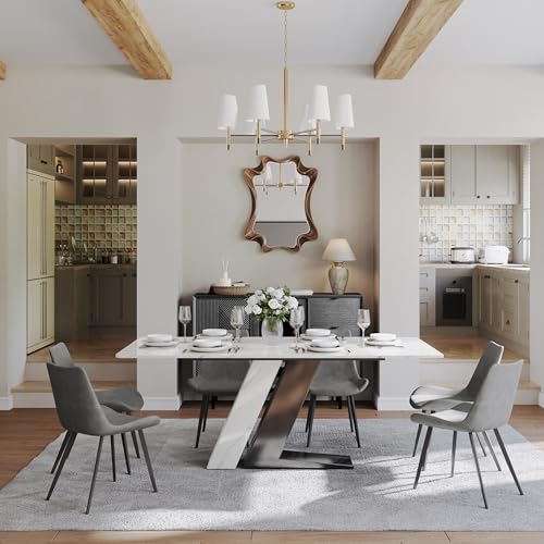 POVISON Modern Dining Table for 6-8, White Dining Table Sintered Stone Dining Table Top with Z-Shaped Stainless Steel Pedestal, 79 inch Rectangle Dining Table for Dining Room Table(Table Only)