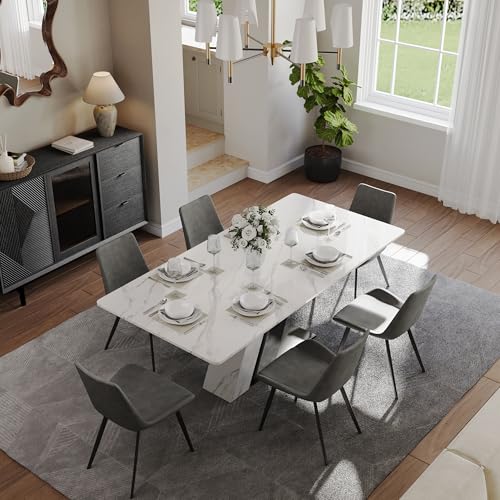 POVISON Modern Dining Table for 6-8, White Dining Table Sintered Stone Dining Table Top with Z-Shaped Stainless Steel Pedestal, 79 inch Rectangle Dining Table for Dining Room Table(Table Only)