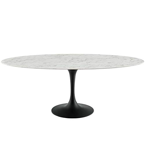 Modway Lippa 78" Oval-Shaped Mid-Century Modern Dining Table with Artificial Marble Top and Black Base