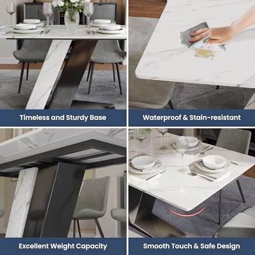POVISON Modern Dining Table for 6-8, White Dining Table Sintered Stone Dining Table Top with Z-Shaped Stainless Steel Pedestal, 79 inch Rectangle Dining Table for Dining Room Table(Table Only)