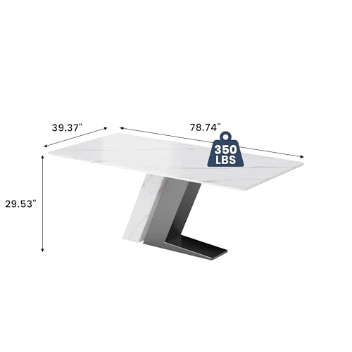 POVISON Modern Dining Table for 6-8, White Dining Table Sintered Stone Dining Table Top with Z-Shaped Stainless Steel Pedestal, 79 inch Rectangle Dining Table for Dining Room Table(Table Only)