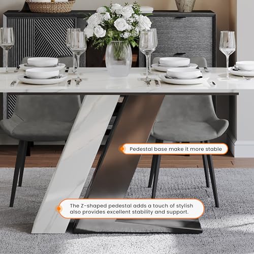 POVISON Modern Dining Table for 6-8, White Dining Table Sintered Stone Dining Table Top with Z-Shaped Stainless Steel Pedestal, 79 inch Rectangle Dining Table for Dining Room Table(Table Only)