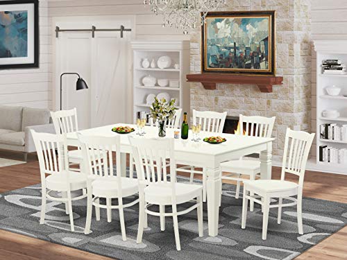 East West Furniture LGGR9-LWH-W Logan 9 Piece Kitchen Set Includes a Rectangle Table with Butterfly Leaf and 8 Dining Room Chairs, 42x84 Inch, Linen White