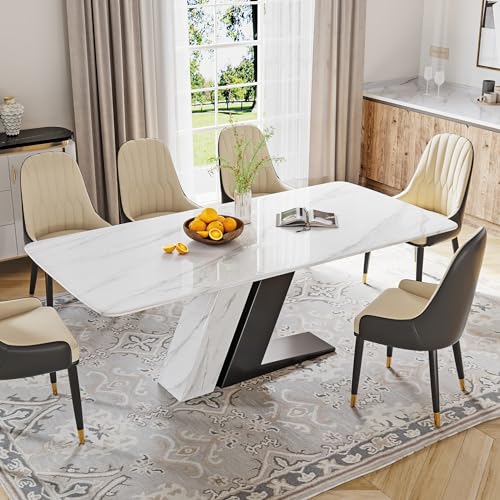 POVISON Modern Dining Table for 6-8, White Dining Table Sintered Stone Dining Table Top with Z-Shaped Stainless Steel Pedestal, 79 inch Rectangle Dining Table for Dining Room Table(Table Only)