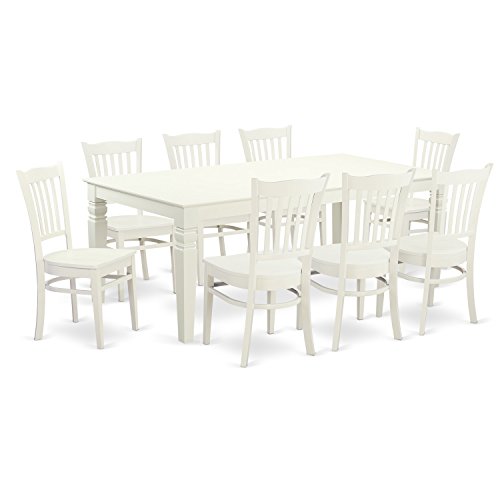 East West Furniture LGGR9-LWH-W Logan 9 Piece Kitchen Set Includes a Rectangle Table with Butterfly Leaf and 8 Dining Room Chairs, 42x84 Inch, Linen White