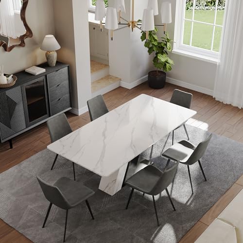 POVISON Modern Dining Table for 6-8, White Dining Table Sintered Stone Dining Table Top with Z-Shaped Stainless Steel Pedestal, 79 inch Rectangle Dining Table for Dining Room Table(Table Only)