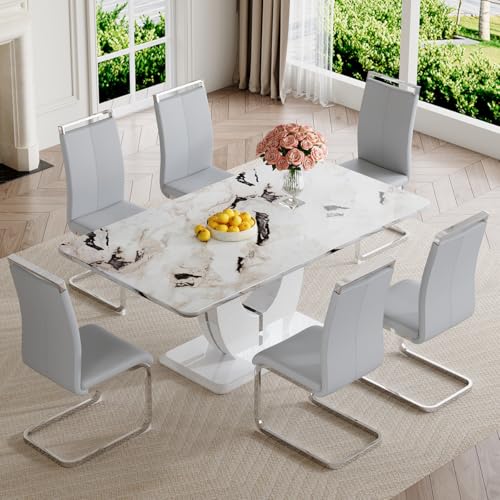 JUFU Modern Dining Table Set for 6,White Faux Marble Dining Room Table Set for 6，63" Rectangle Kitchen Table Chairs Set of 6 for Dining Kitchen Room