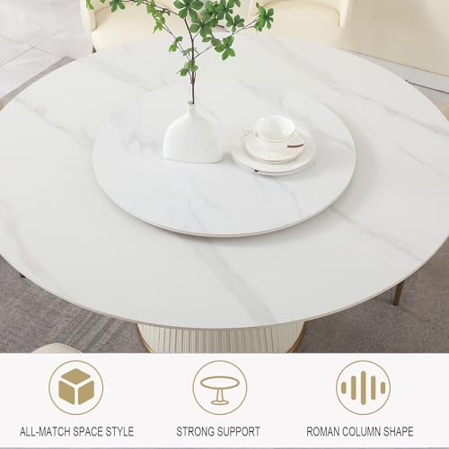 Leavader 59" D Faux Marble Dining Table, Round Dining Room Table for 6-8 Seat with Lazy Susan Tabletop & Cylindrical Base, Suitable for Dining Room, Kitchen