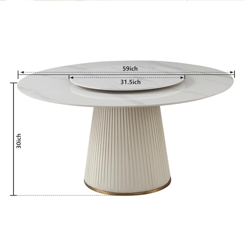 Leavader 59" D Faux Marble Dining Table, Round Dining Room Table for 6-8 Seat with Lazy Susan Tabletop & Cylindrical Base, Suitable for Dining Room, Kitchen