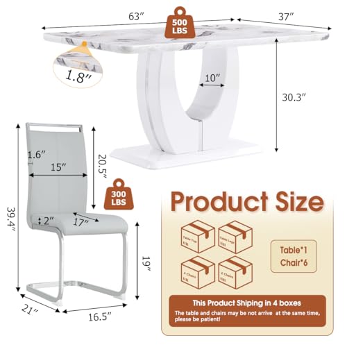 JUFU Modern Dining Table Set for 6,White Faux Marble Dining Room Table Set for 6，63" Rectangle Kitchen Table Chairs Set of 6 for Dining Kitchen Room