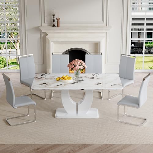 JUFU Modern Dining Table Set for 6,White Faux Marble Dining Room Table Set for 6，63" Rectangle Kitchen Table Chairs Set of 6 for Dining Kitchen Room