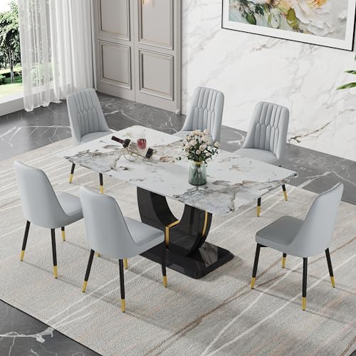 FOUREA 67" Modern Dining Table Set for 6, Kitchen Faux Marble Table Chairs Set of 6, Dining Room Sets for 6 PU Leather Upholstered Chairs for Kitchen, Dining Room, Living Room.