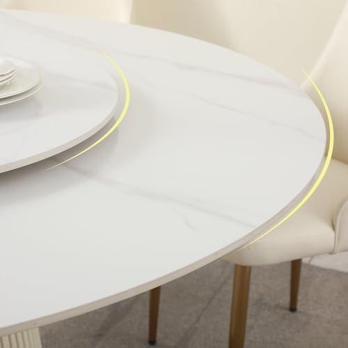 Leavader 59" D Faux Marble Dining Table, Round Dining Room Table for 6-8 Seat with Lazy Susan Tabletop & Cylindrical Base, Suitable for Dining Room, Kitchen