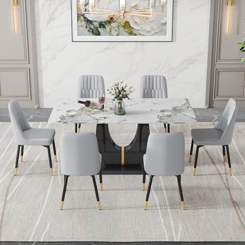 FOUREA 67" Modern Dining Table Set for 6, Kitchen Faux Marble Table Chairs Set of 6, Dining Room Sets for 6 PU Leather Upholstered Chairs for Kitchen, Dining Room, Living Room.