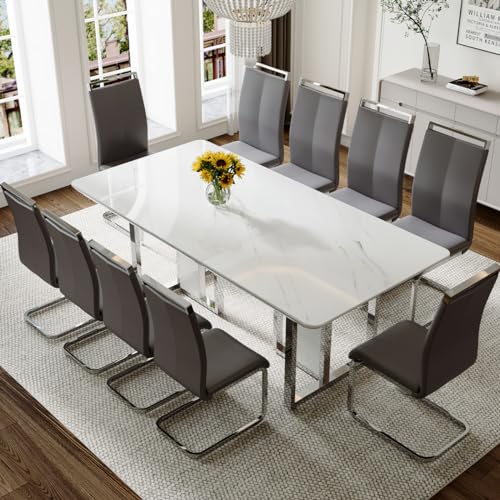 MEMUY 79" White Dining Table Set for 10,White Glossy Kitchen Room Dining Table with 10 Grey Chairs,10 Seater Extra Large Dining Table and Chairs for Kitchen Dining Room