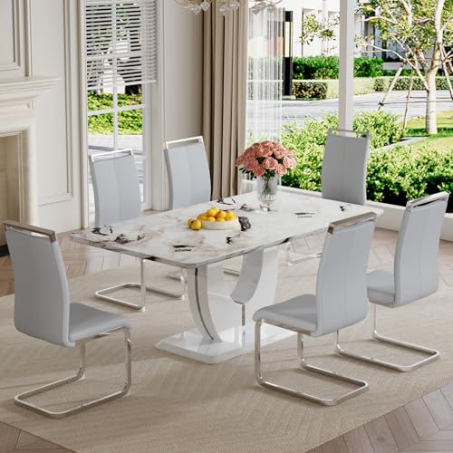 JUFU Modern Dining Table Set for 6,White Faux Marble Dining Room Table Set for 6，63" Rectangle Kitchen Table Chairs Set of 6 for Dining Kitchen Room