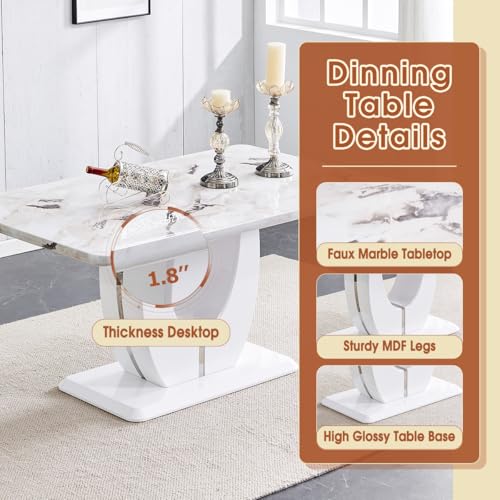 JUFU Modern Dining Table Set for 6,White Faux Marble Dining Room Table Set for 6，63" Rectangle Kitchen Table Chairs Set of 6 for Dining Kitchen Room