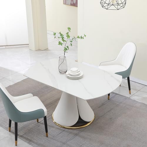 Modern Extendable Dining Table, 59" Round Marble Dining Table, Convertible Rectangular Kitchen Table, White Sintered Stone Dining Room Table with Lotus Terrace Pedestal