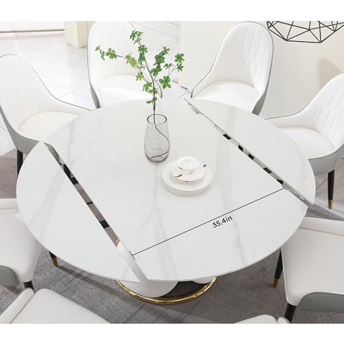 Modern Extendable Dining Table, 59" Round Marble Dining Table, Convertible Rectangular Kitchen Table, White Sintered Stone Dining Room Table with Lotus Terrace Pedestal