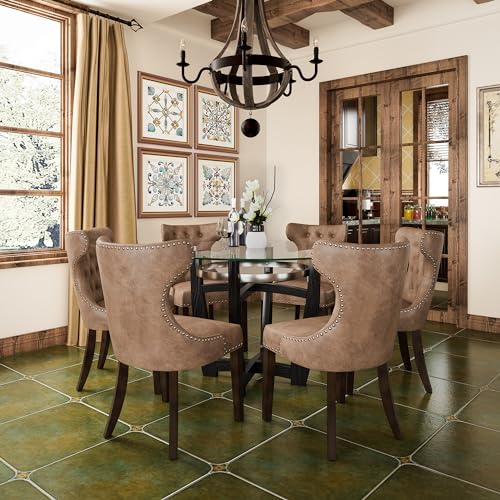 Tempered Glass Dining Table Chair Set with 6 High-end Button-Tufted Leather Dining Room Chairs 48" Round Kitchen Table with Glasstop and 6 Table Side Chairs with Nailhead Trim, Yellowish Brown