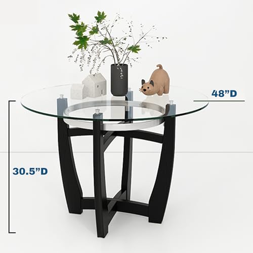 Tempered Glass Dining Table Chair Set with 6 High-end Button-Tufted Leather Dining Room Chairs 48" Round Kitchen Table with Glasstop and 6 Table Side Chairs with Nailhead Trim, Yellowish Brown