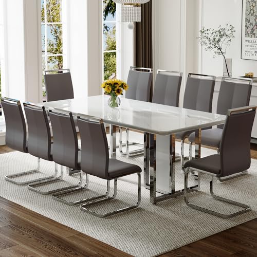 MEMUY 79" White Dining Table Set for 10,White Glossy Kitchen Room Dining Table with 10 Grey Chairs,10 Seater Extra Large Dining Table and Chairs for Kitchen Dining Room