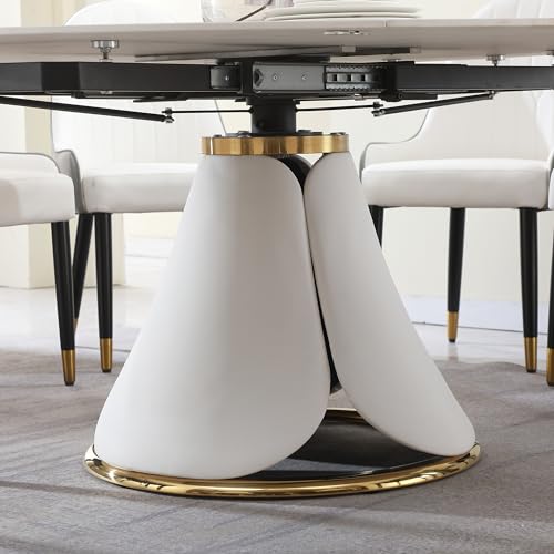 Modern Extendable Dining Table, 59" Round Marble Dining Table, Convertible Rectangular Kitchen Table, White Sintered Stone Dining Room Table with Lotus Terrace Pedestal