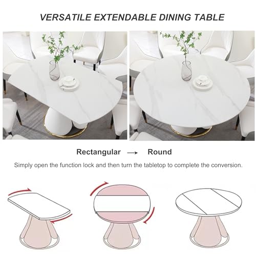 Modern Extendable Dining Table, 59" Round Marble Dining Table, Convertible Rectangular Kitchen Table, White Sintered Stone Dining Room Table with Lotus Terrace Pedestal