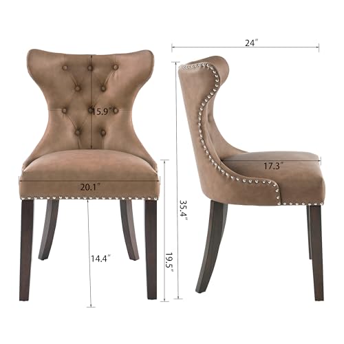 Tempered Glass Dining Table Chair Set with 6 High-end Button-Tufted Leather Dining Room Chairs 48" Round Kitchen Table with Glasstop and 6 Table Side Chairs with Nailhead Trim, Yellowish Brown