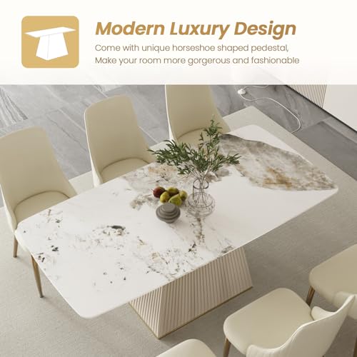 71" Rectangle Marble Dining Table for 6,Modern Antique White Sintered Stone Table with Horseshoe-Shape Pedestal,Faux Marble Kitchen Dinner Table for Dining Room/Living Room/Office (Table Only)