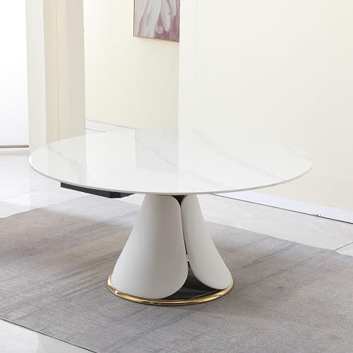 Modern Extendable Dining Table, 59" Round Marble Dining Table, Convertible Rectangular Kitchen Table, White Sintered Stone Dining Room Table with Lotus Terrace Pedestal
