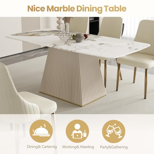 71" Rectangle Marble Dining Table for 6,Modern Antique White Sintered Stone Table with Horseshoe-Shape Pedestal,Faux Marble Kitchen Dinner Table for Dining Room/Living Room/Office (Table Only)