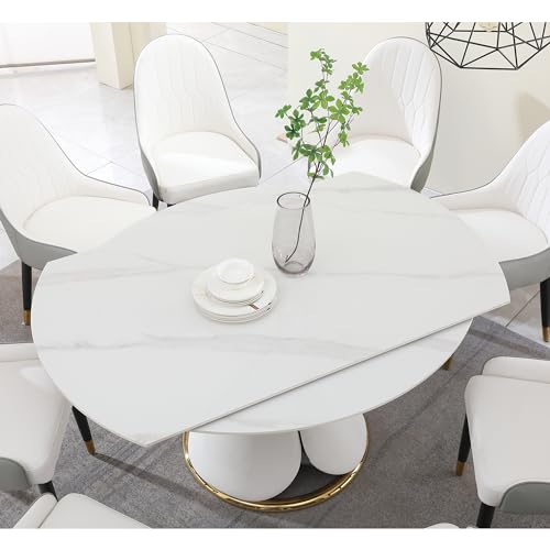 Modern Extendable Dining Table, 59" Round Marble Dining Table, Convertible Rectangular Kitchen Table, White Sintered Stone Dining Room Table with Lotus Terrace Pedestal