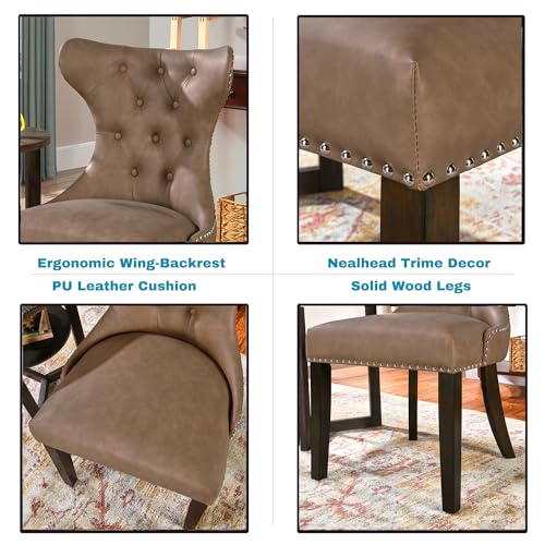 Tempered Glass Dining Table Chair Set with 6 High-end Button-Tufted Leather Dining Room Chairs 48" Round Kitchen Table with Glasstop and 6 Table Side Chairs with Nailhead Trim, Yellowish Brown