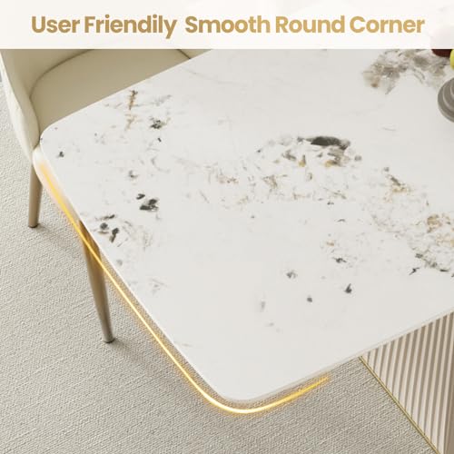 71" Rectangle Marble Dining Table for 6,Modern Antique White Sintered Stone Table with Horseshoe-Shape Pedestal,Faux Marble Kitchen Dinner Table for Dining Room/Living Room/Office (Table Only)