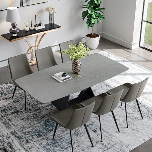 POVISON Modern Dining Table for 6-8, Sintered Stone Dinning Table Grey Dinner Table with Carbon Steel Base, 71" Rectangle Kitchen Table for Dining Room Table(Table Only)