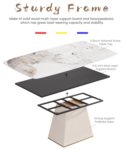 71" Rectangle Marble Dining Table for 6,Modern Antique White Sintered Stone Table with Horseshoe-Shape Pedestal,Faux Marble Kitchen Dinner Table for Dining Room/Living Room/Office (Table Only)