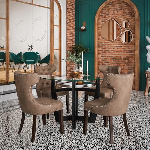 Tempered Glass Dining Table Chair Set with 6 High-end Button-Tufted Leather Dining Room Chairs 48" Round Kitchen Table with Glasstop and 6 Table Side Chairs with Nailhead Trim, Yellowish Brown