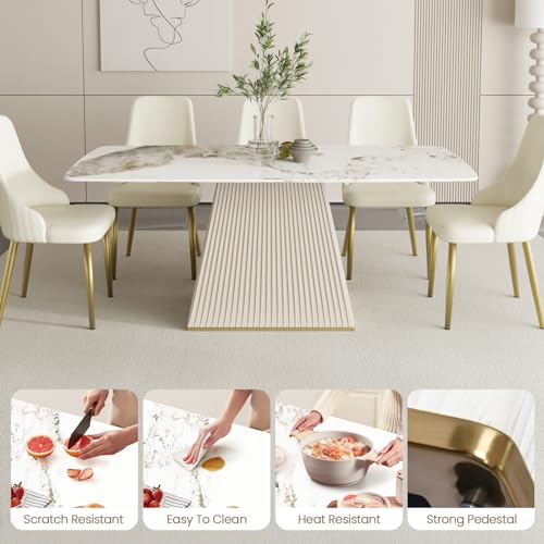 71" Rectangle Marble Dining Table for 6,Modern Antique White Sintered Stone Table with Horseshoe-Shape Pedestal,Faux Marble Kitchen Dinner Table for Dining Room/Living Room/Office (Table Only)