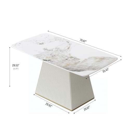 71" Rectangle Marble Dining Table for 6,Modern Antique White Sintered Stone Table with Horseshoe-Shape Pedestal,Faux Marble Kitchen Dinner Table for Dining Room/Living Room/Office (Table Only)