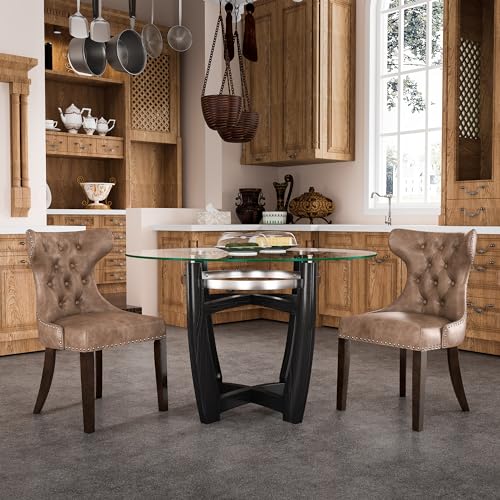 Tempered Glass Dining Table Chair Set with 6 High-end Button-Tufted Leather Dining Room Chairs 48" Round Kitchen Table with Glasstop and 6 Table Side Chairs with Nailhead Trim, Yellowish Brown