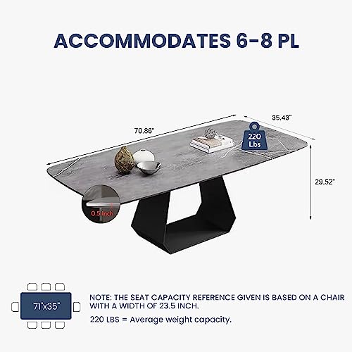 POVISON Modern Dining Table for 6-8, Sintered Stone Dinning Table Grey Dinner Table with Carbon Steel Base, 71" Rectangle Kitchen Table for Dining Room Table(Table Only)