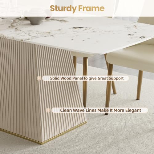 71" Rectangle Marble Dining Table for 6,Modern Antique White Sintered Stone Table with Horseshoe-Shape Pedestal,Faux Marble Kitchen Dinner Table for Dining Room/Living Room/Office (Table Only)